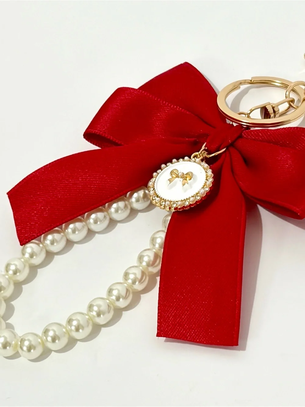 Red Bow & Pearl Charm Keyring/Bag Charm with Gold Medallion